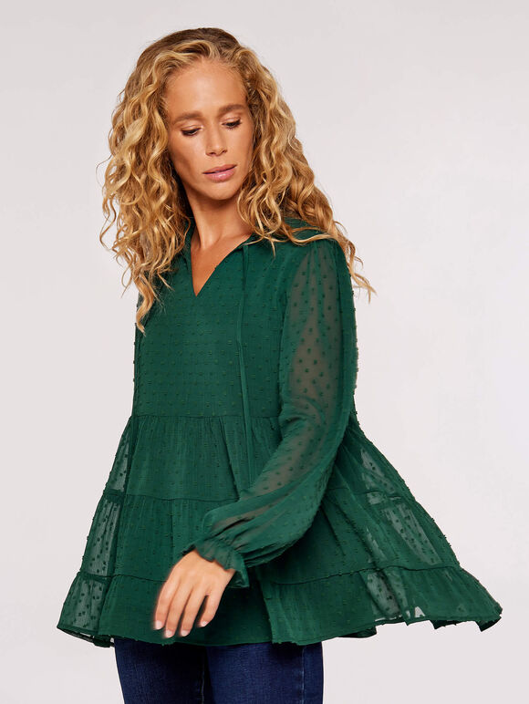 Chiffon Dobby Tiered Blouse, Green, large