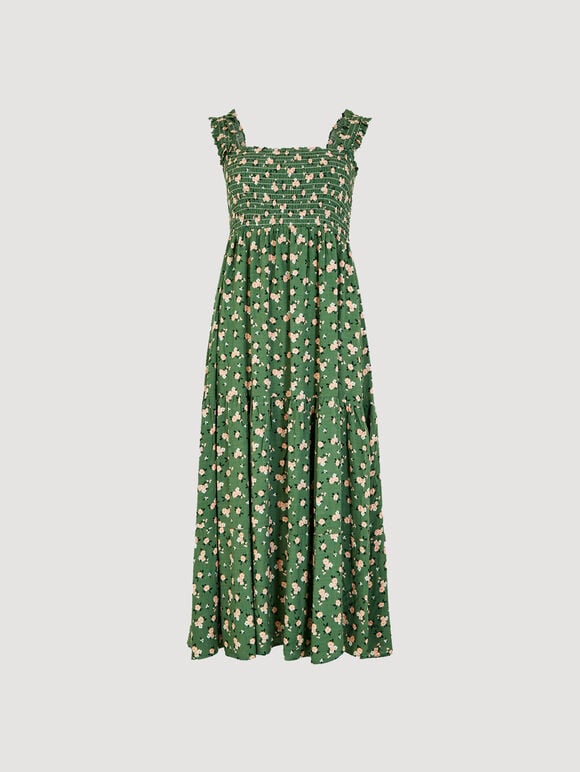 Ditsy Floral Smocked Midi Dress, Green, large