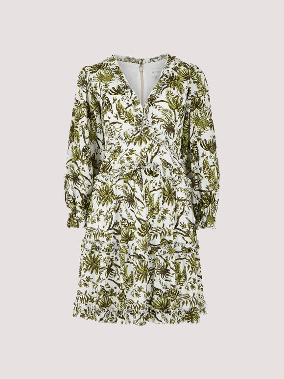 Scenic Palm Ruffle Dress, White, large