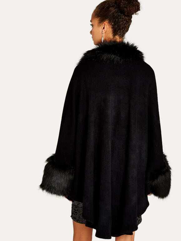 Faux Fur Edge And Cuff Cape, Black, large
