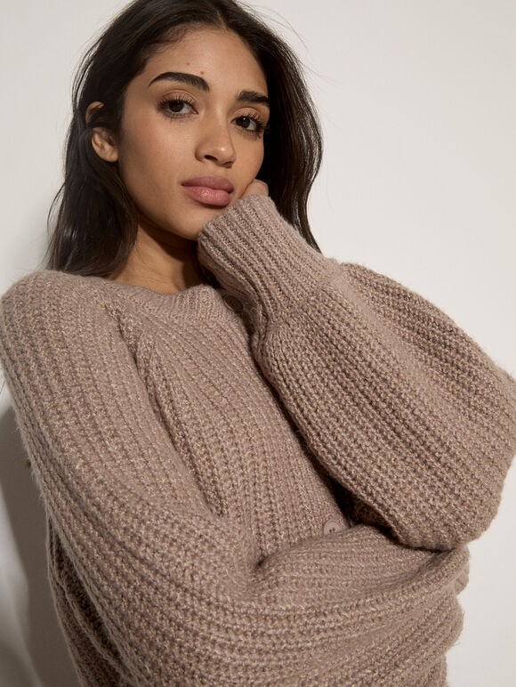 Cotton-Blend Chunky Ribbed Knit Cardigan, Mocha, large