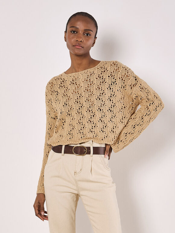 Pointelle Scallop Hem Jumper, Stone, large