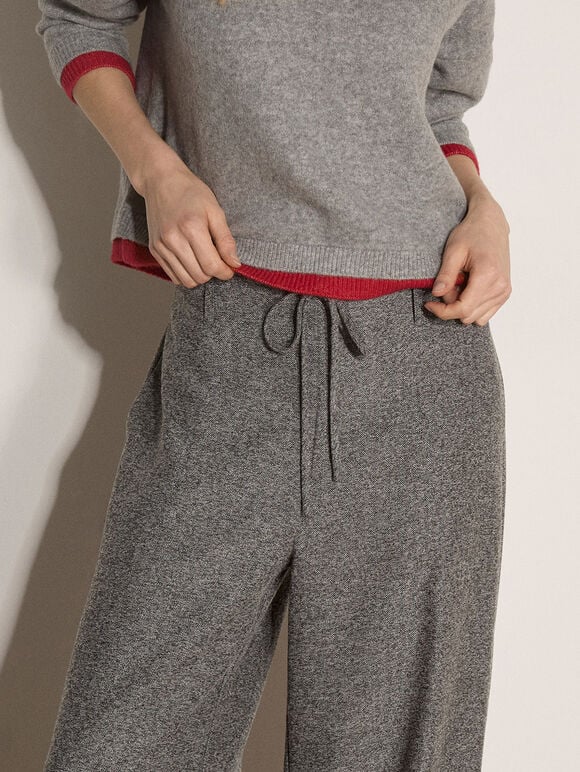 Wide-Leg Herringbone Trousers, Grey, large
