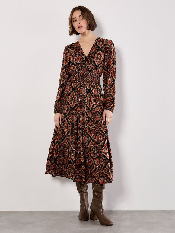 Smock Waist Tiered Dress, Rust, large