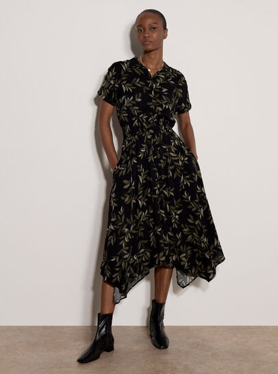 Leaf Print Hanky Hem Midi Dress