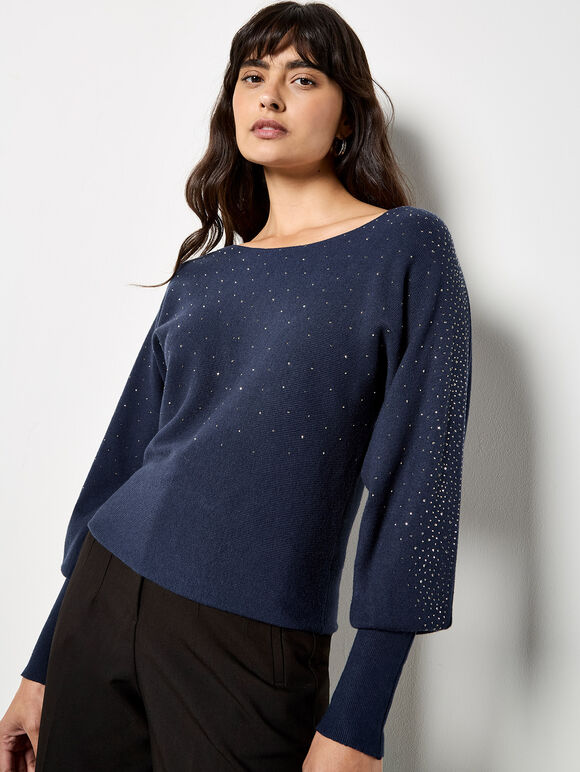 Diamante Ribbed Batwing Jumper, Navy, large