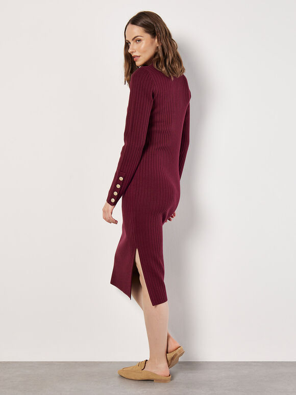 Ribbed Knit Gold Button Midi Dress, Burgundy, large