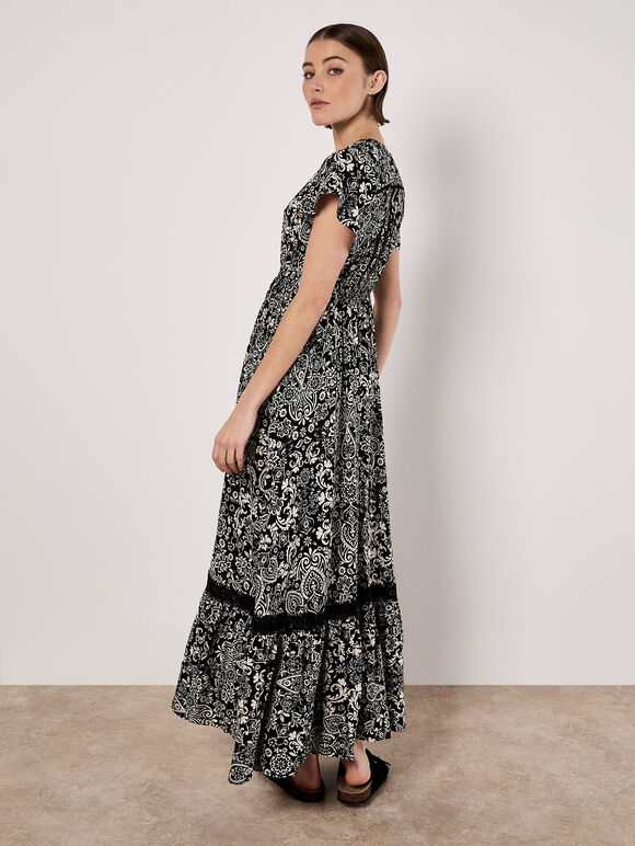 Paisley Print Maxi Dress, Black, large