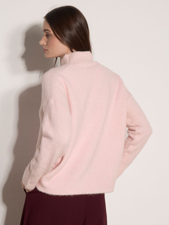 Boucl&eacute; Knit Mock Neck Jumper, Pink, large