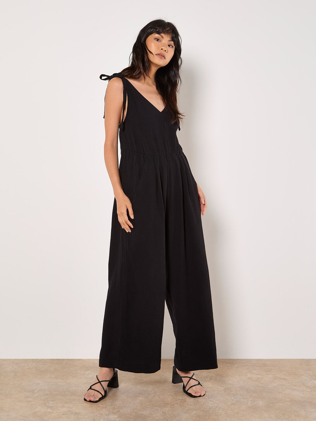 Image of Textured Cotton Wide Leg Jumpsuit