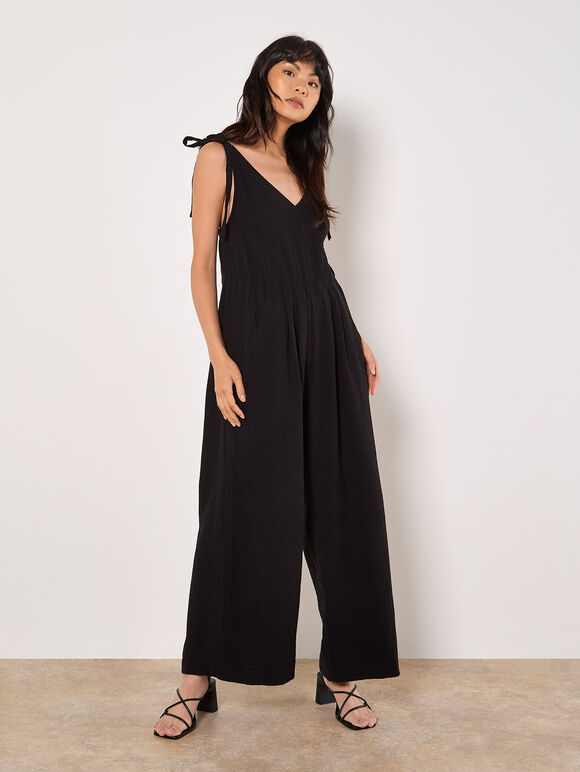 Textured Cotton Wide Leg Jumpsuit, Black, large