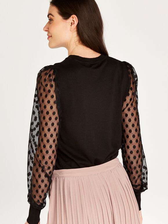 Polka Dot Mesh Sleeve Knit Jumper, Black, large