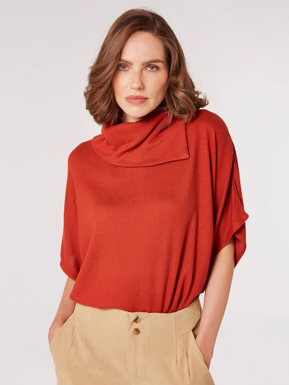 Asymmetric Neck Soft Touch Top, Rust, large