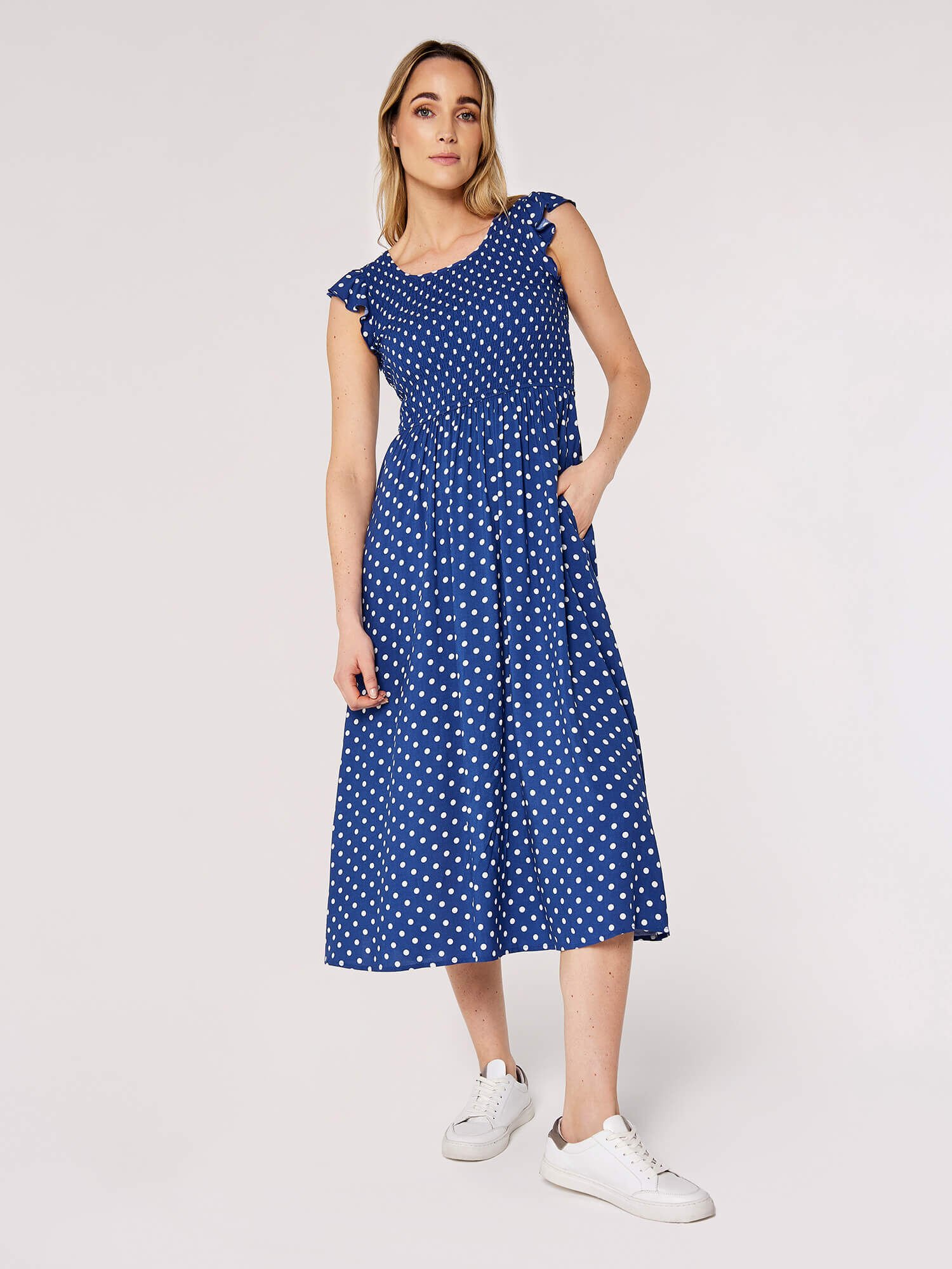 Polkadot Smocked Midi Dress Apricot Clothing
