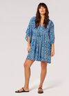 Patchwork Kaftan Mini Dress, Blue, large