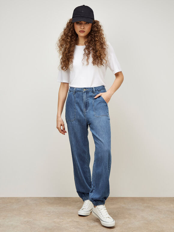 Lia Mid-Wash Denim Joggers, Blue, large