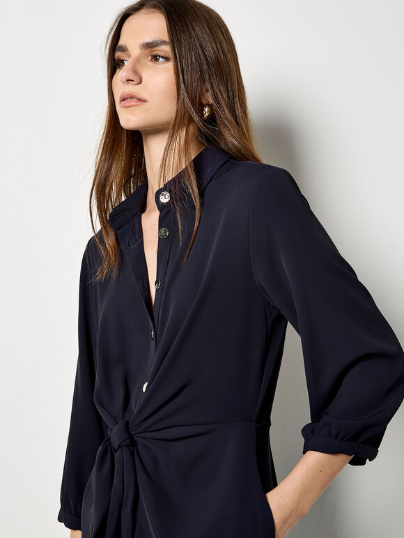 Tie Front Shirt Mini Dress, Navy, large