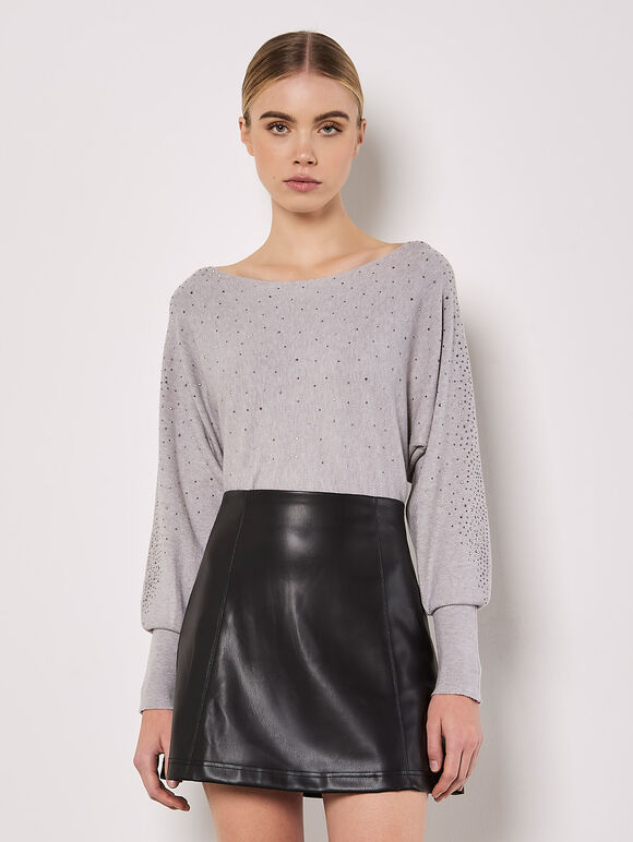 Batwing Sleeve Studded Jumper, Grey, large