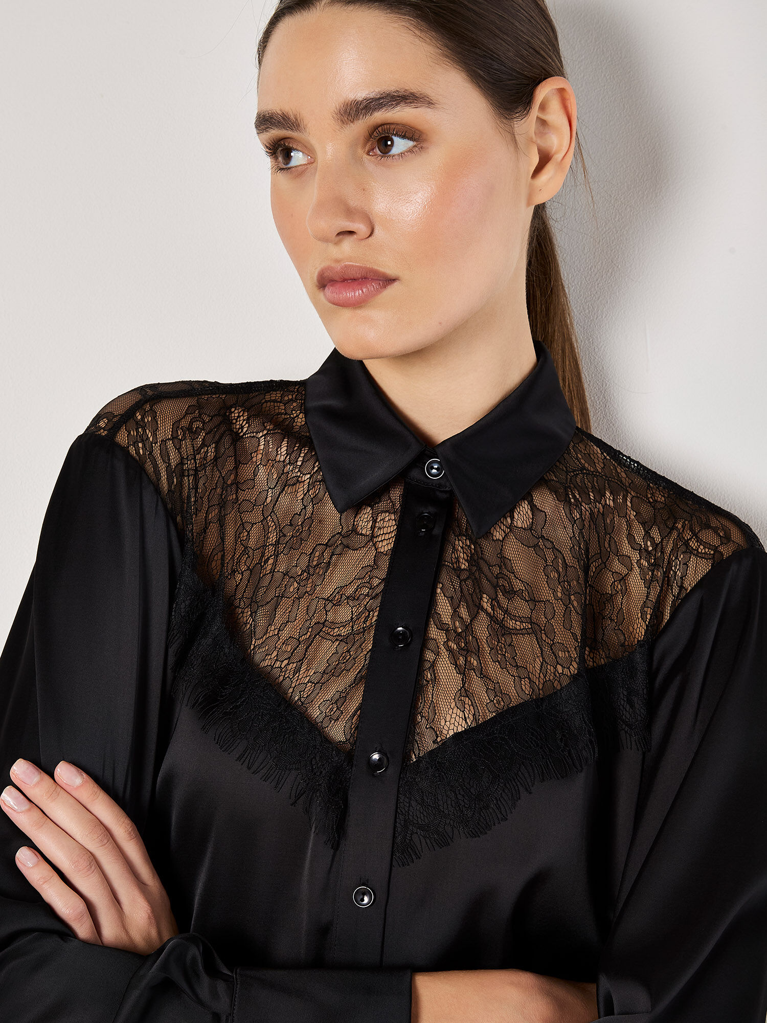 Lace Insert Oversized Satin Shirt | Apricot Clothing