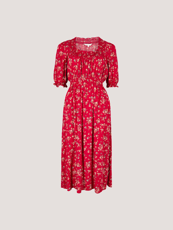 Ditsy Floral Milkmaid Midi Dress, Red, large