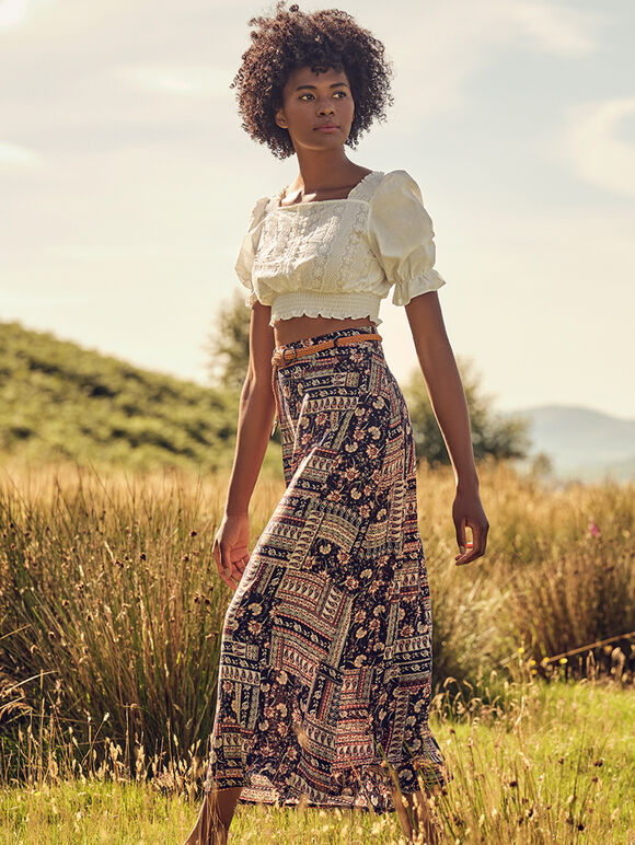 Patchwork Belted Skirt, Navy, large