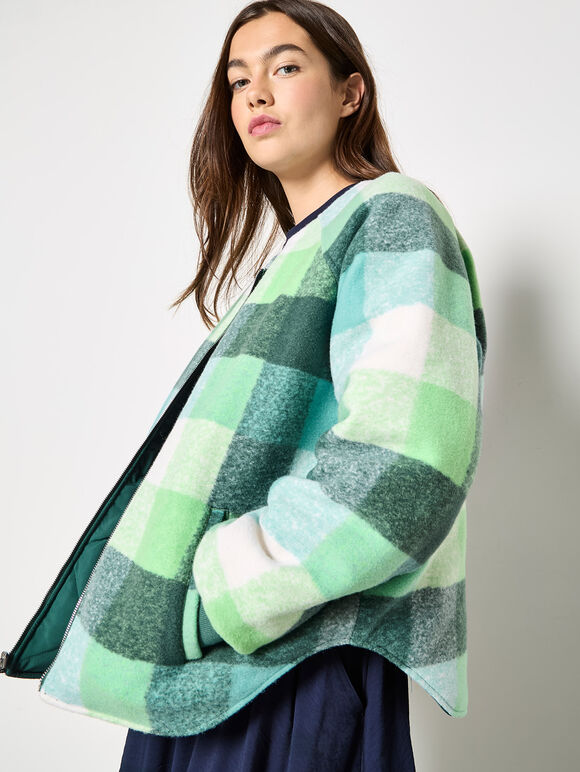 Reversible Check Fleece Quilted Jacket, Green, large
