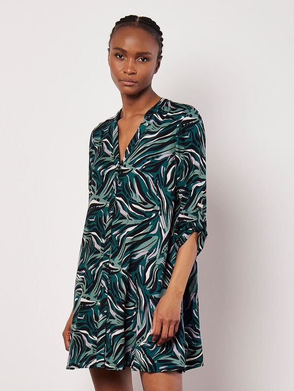 Abstract Swirl Shirt Mini Dress, Green, large