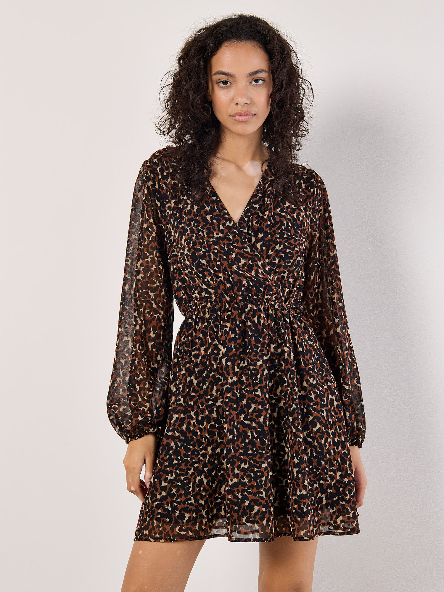 Animal Print Wrap Mini Dress Apricot Clothing