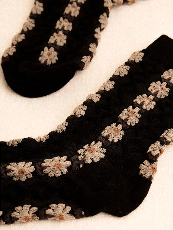 Floral Daisy Socks, Black, large