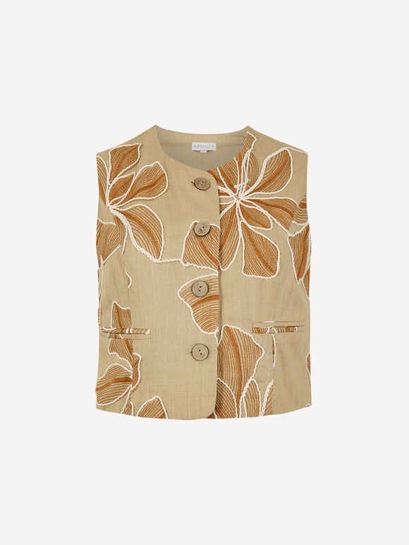 Embroidered Floral Waistcoat, Stone, large
