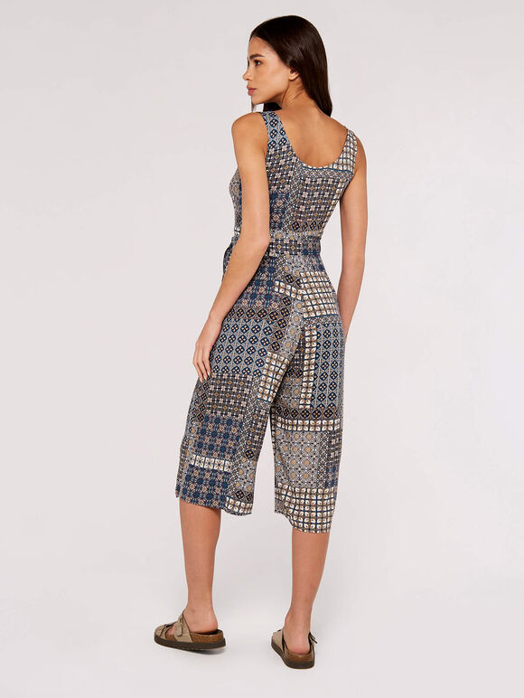 Patchwork Tile Culotte Jumpsuit, Navy, large