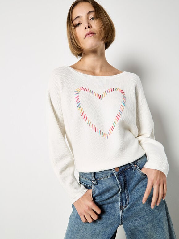 Colourful Stitched Heart Jumper, Cream, large