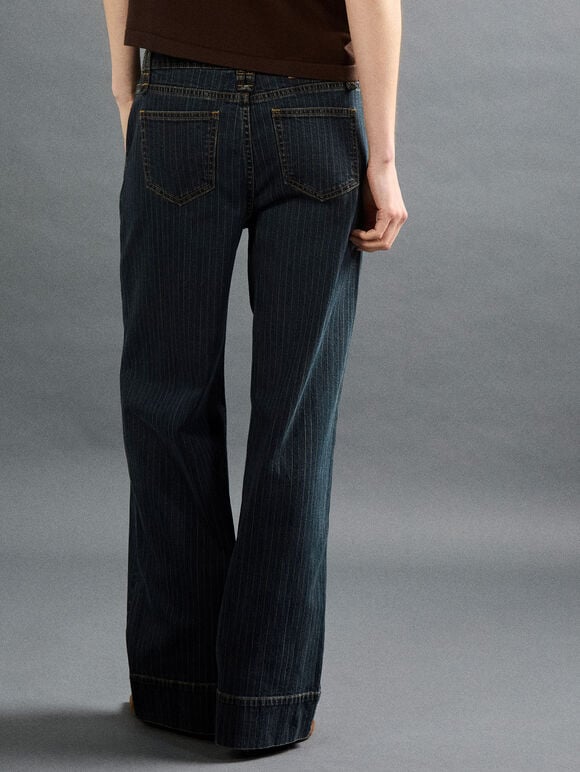 Pinstripe Wide-Leg Denim Jeans, Navy, large