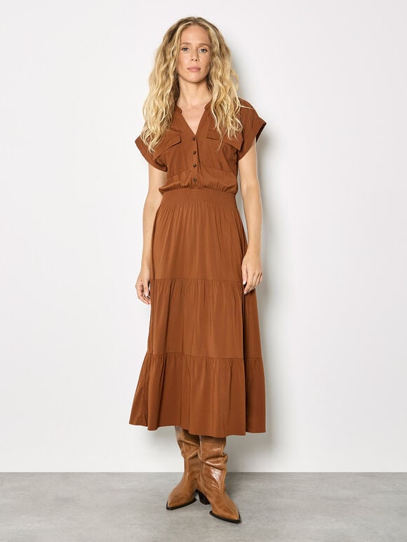 Tiered Utility Midaxi Dress, Rust, large