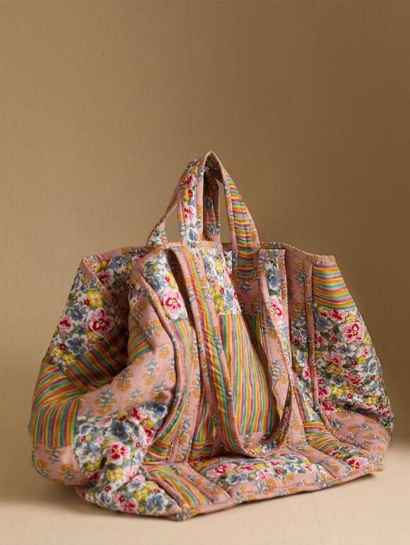 Printed Patchwork Cotton Tote Bag, Assorted, large