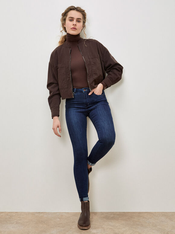 Lightweight Denim Bomber Jacket, Brown, large