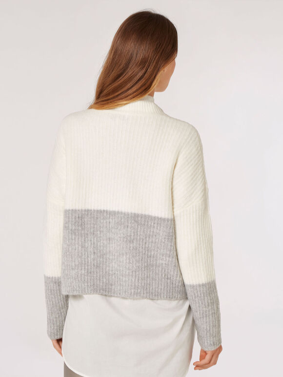Colour Block Chunky Ribbed  Jumper, Grey, large