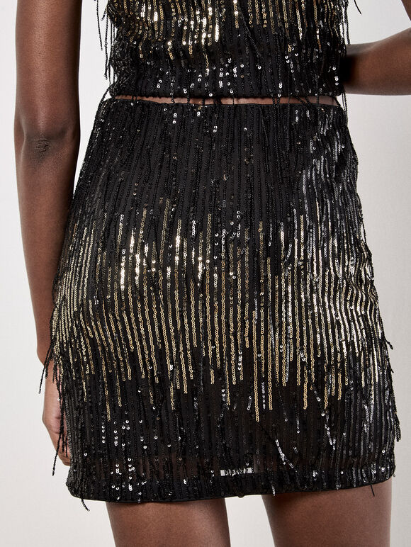 Sequin Fringe Bodycon Mini Skirt, Black, large