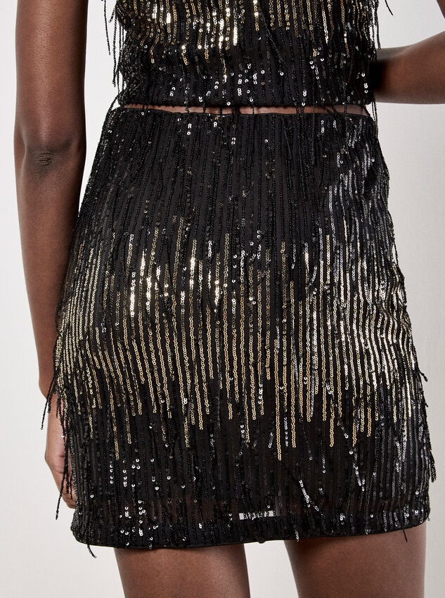 Sequin Fringe Bodycon Mini Skirt, Black, large