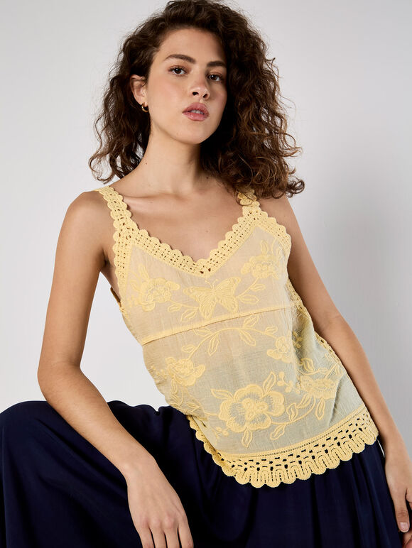Floral Embroidery Crochet Cotton Top, Yellow, large