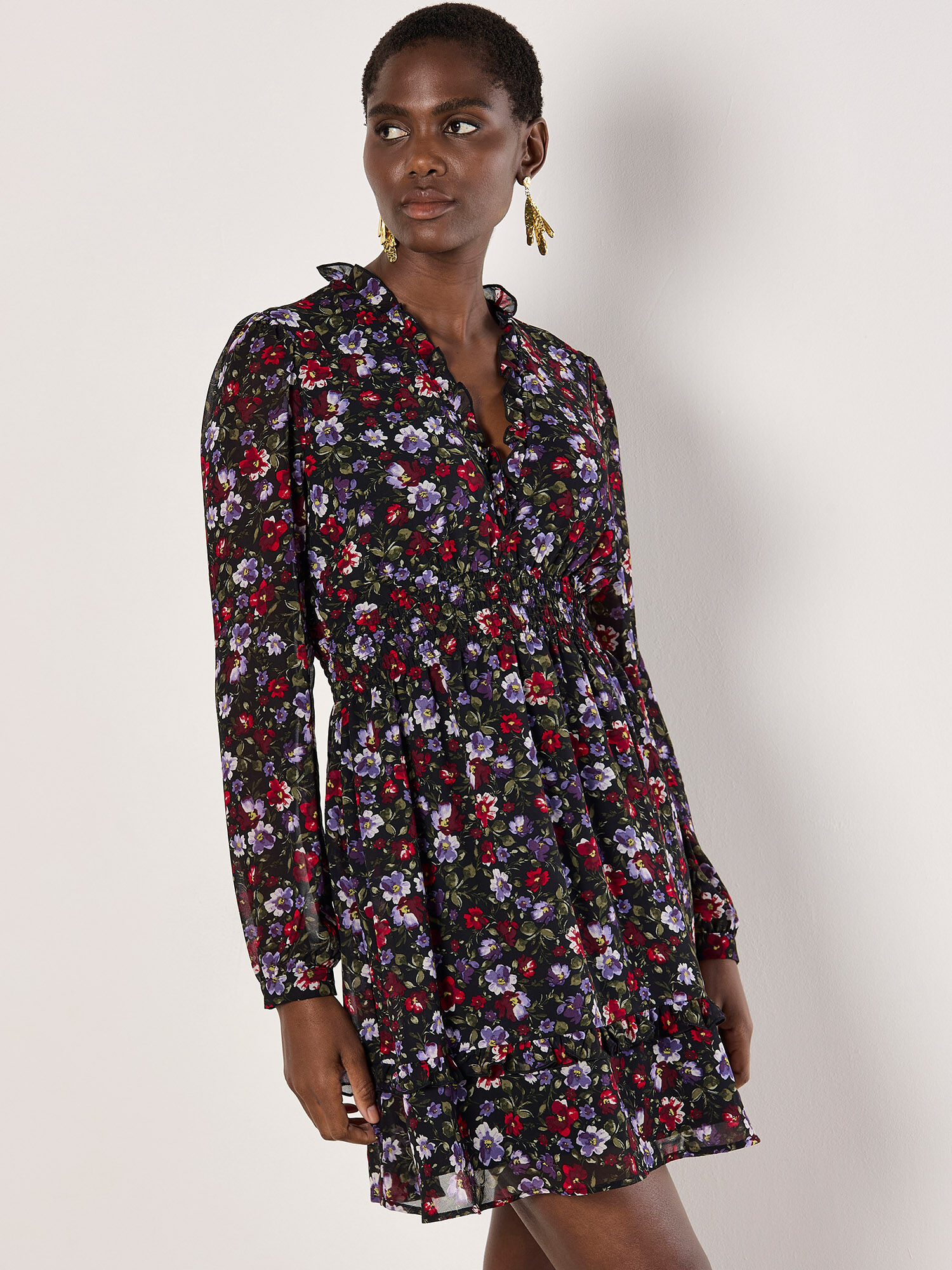 Floral Ruffle Chiffon Mini Dress Apricot Clothing