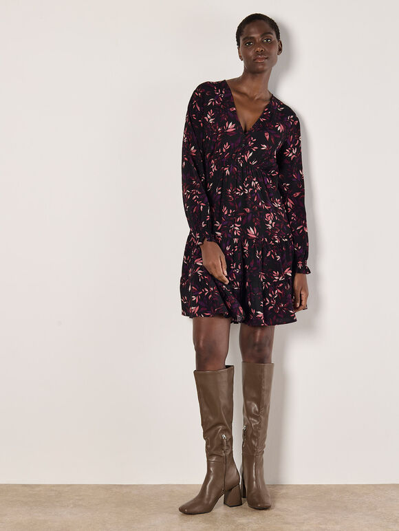 Leaf Print Mini Dress, Burgundy, large
