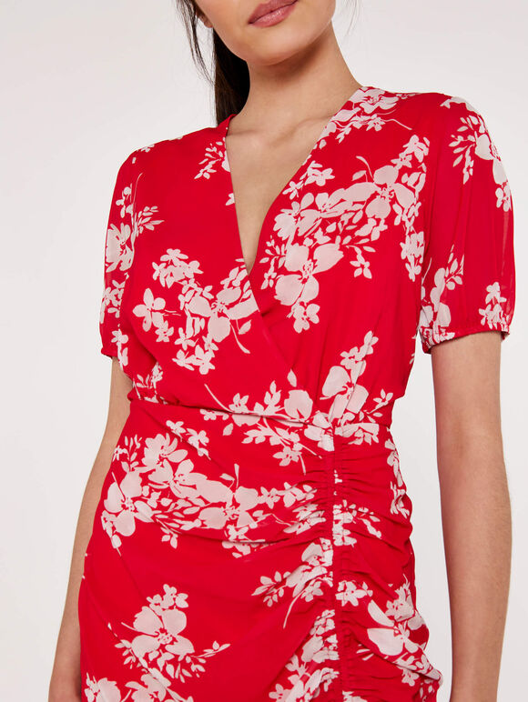 Floral Ruch Dress, Red, large
