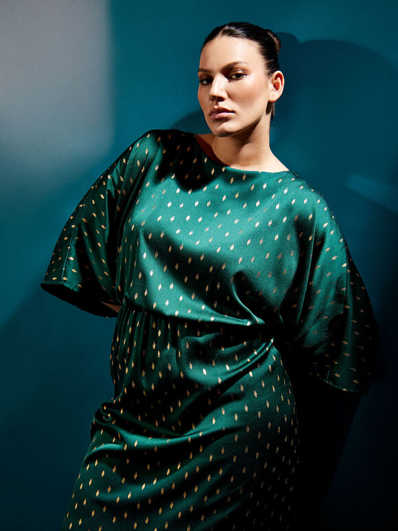 Curve Gold Foil Satin Midi Dress, Green, large