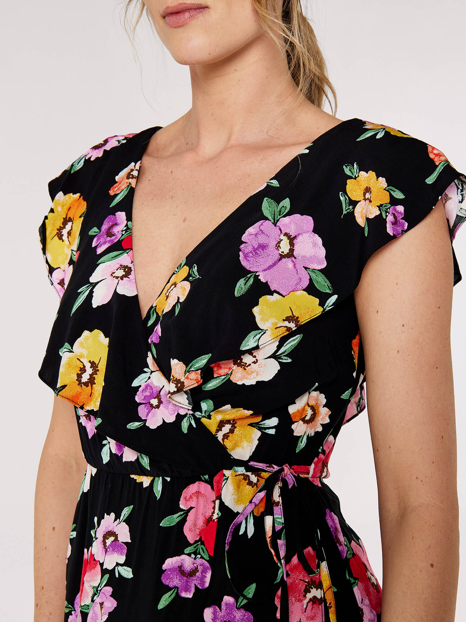 Floral Wrap Midi Dress Apricot Clothing