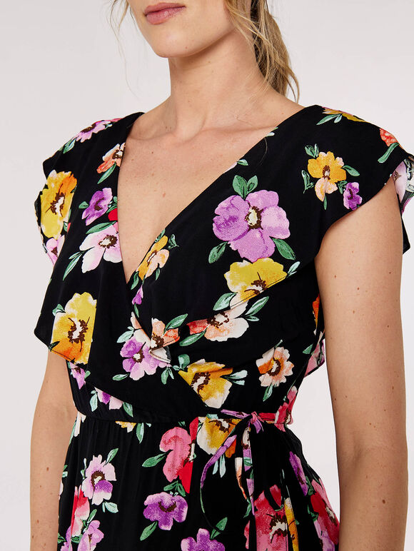 Floral Wrap Midi Dress, Black, large