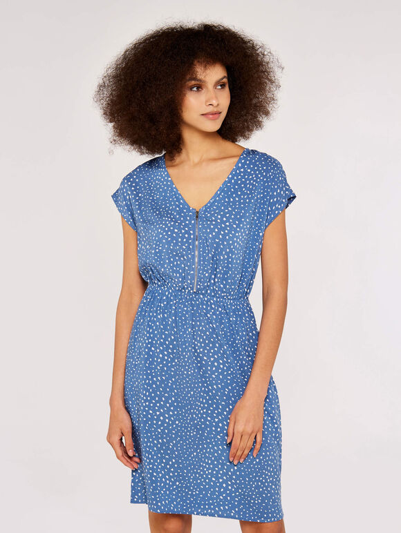 Dot Zip Front  Dress, Blue, large