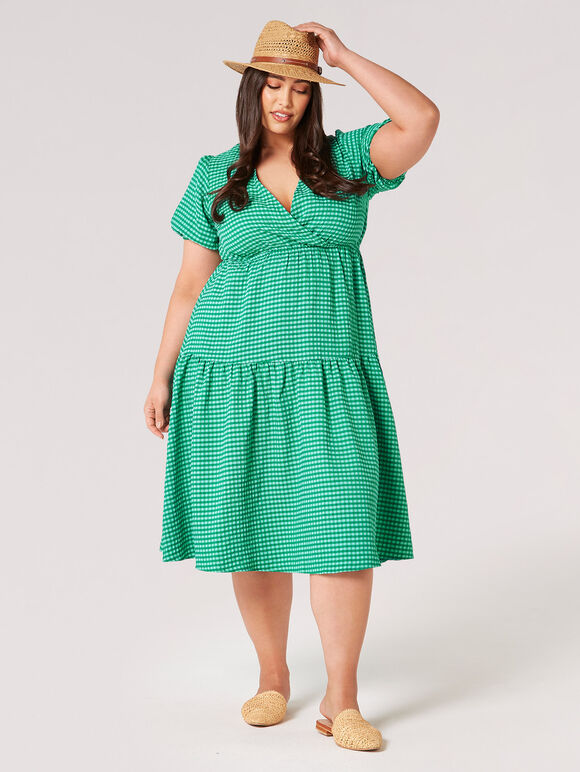 Curve Gingham Tiered Wrap Midi Dress, Green, large