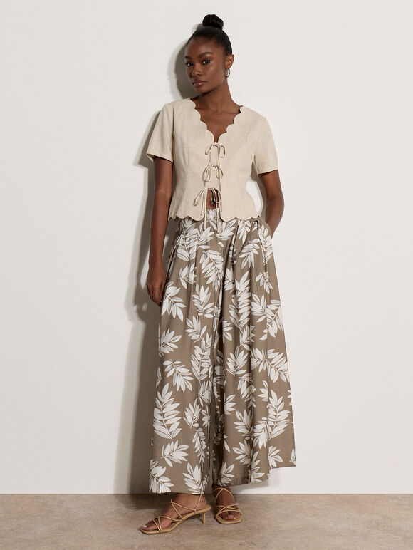 Leaf Print Pleated Culotte Trousers, Stone, large