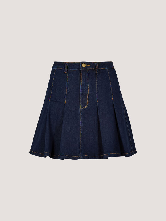 Pleated Denim Mini Skirt, Blue, large